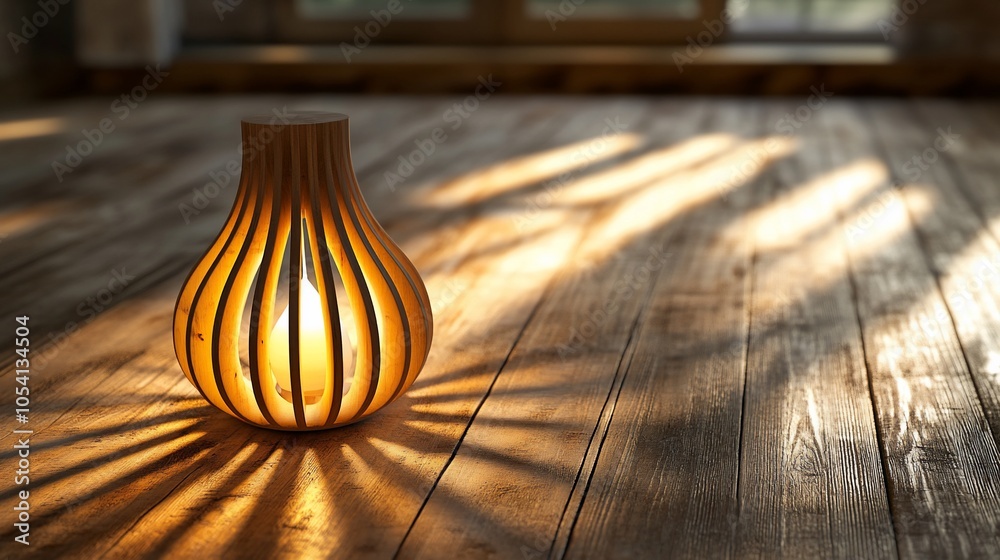 Poster a wooden candle holder sits on a wooden table with sunlight streaming in through a window behind it.