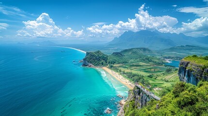 Obraz premium A stunning aerial view of a coastline with turquoise water, white sandy beaches, lush green hills, and a mountain range in the background. 