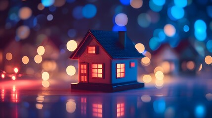 A computer generated image of a neighborhood with houses lit up in orange. The houses are arranged in a grid pattern, with some houses closer together and others further apart