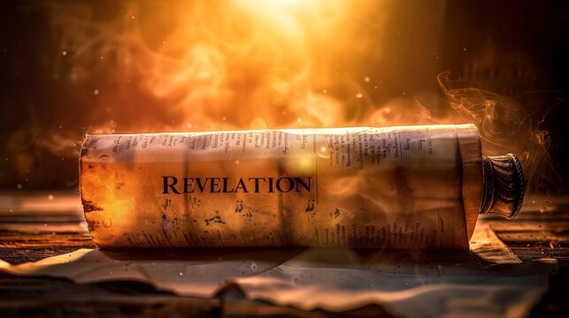 Glowing open scroll parchment with word REVELATION revealing the book of the Bible