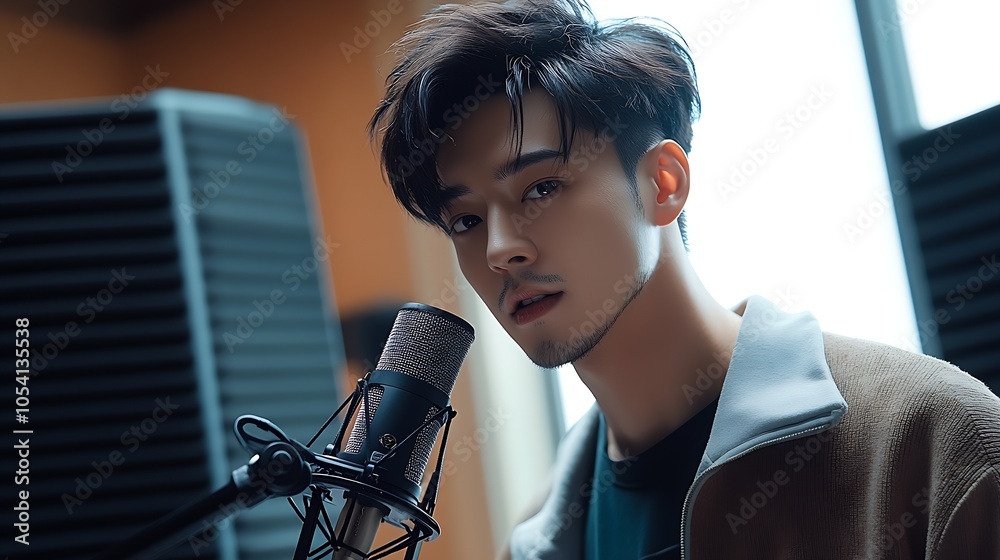 Poster Talented singer in state-of-the-art recording studio with microphone : Generative AI