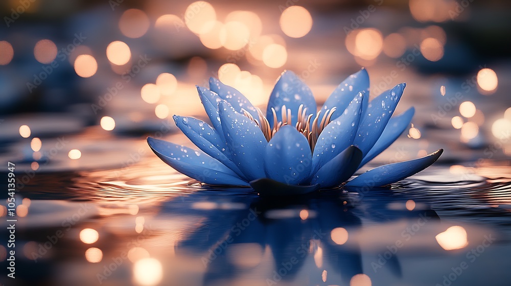 Poster Serene Blue Lotus Floating on Water with Glowing Light Bokeh in Soft Evening Light : Generative AI