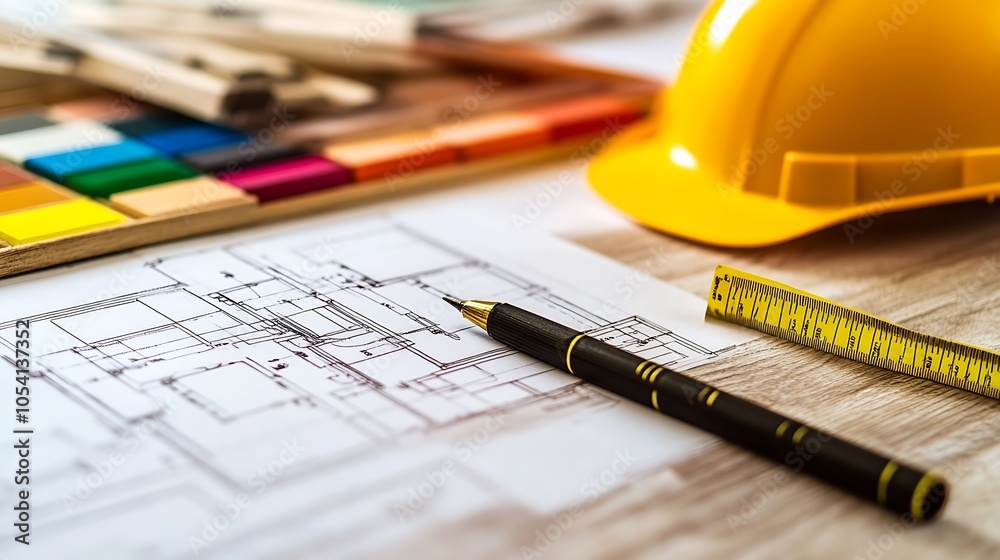 Poster Architectural Design Tools with Blueprint Hard Hat and Color Palette Layout : Generative AI