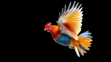 A colorful rooster with red wattle and comb is in mid-flight with its wings spread wide against a black background.