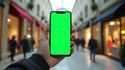 Hand holding smartphone with green screen inside shopping mall