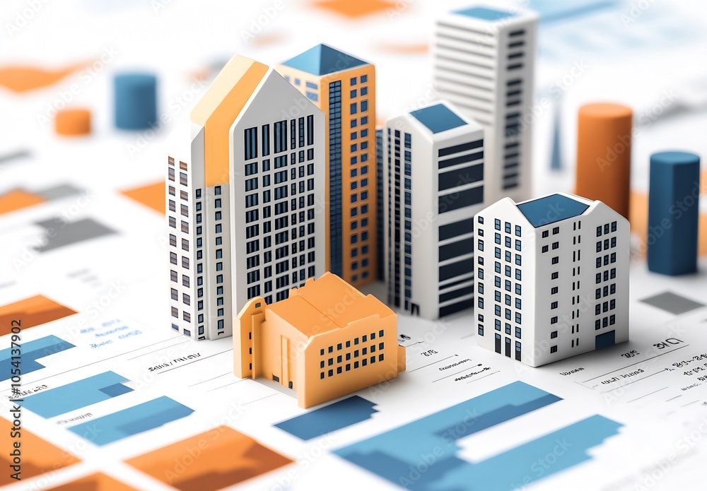 Poster Miniature Architectural Models Depicting Urban Cityscape with Statistical Graphs : Generative AI