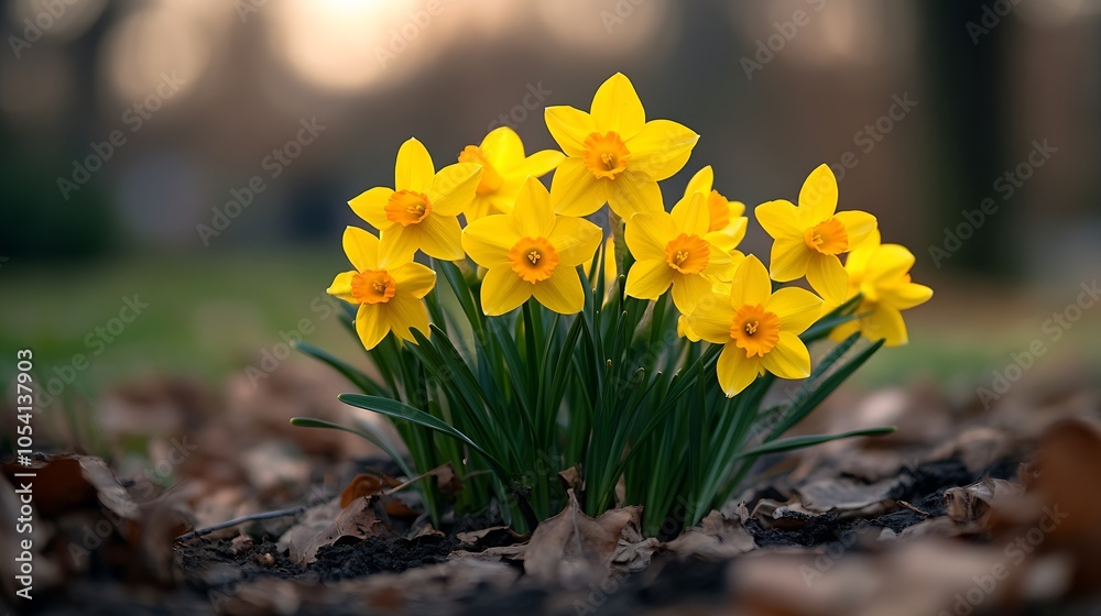 Poster yellow daffodil bouquet in natural setting signifying spring renewal and growth : generative ai