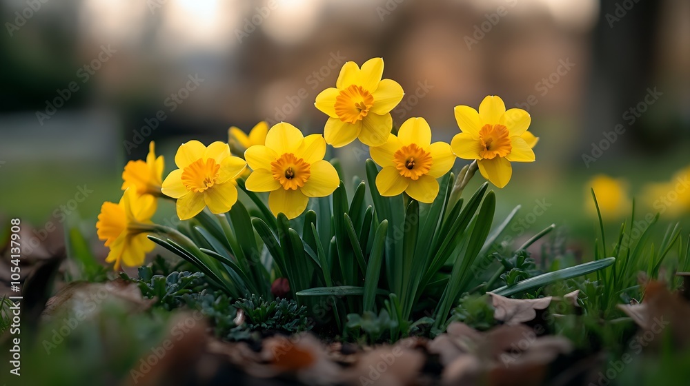 Poster Close Up of Vibrant Yellow Daffodils in Bloom Surrounded by Lush Greenery in Spring : Generative AI