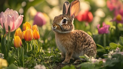 Fototapeta premium A young rabbit exploring a garden full of blooming flowers