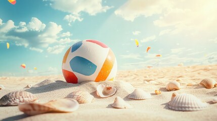 Obraz premium A colorful beach ball sits on the sand with seashells scattered around it. The sky is a vibrant blue with white clouds and there are colorful kites in the air.