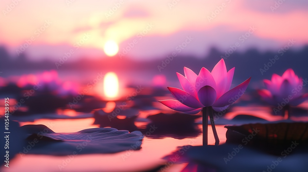 Poster graceful lotus flowers in soft light of setting sun on reflective water : generative ai