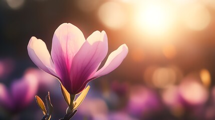 Naklejka premium Graceful magnolia blossom illuminating in the warm glow of sunrise : Generative AI
