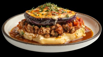 Naklejka premium A plate of eggplant parmesan with a layer of tomato sauce, ground beef, and melted cheese.