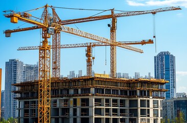 Fototapeta premium Multiple Tower Cranes Overseeing Construction Site with High-Rise Buildings in Urban Area : Generative AI