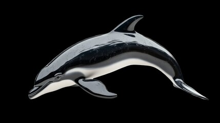 Fototapeta premium A silver dolphin leaps out of the water against a black background.