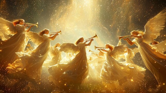 Heavenly angels playing trumpets in golden light