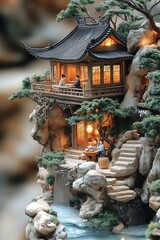 Fototapeta premium Charming Chinese Cliffside Tea House with Miniature Waterfalls and Bonsai Trees : Generative AI