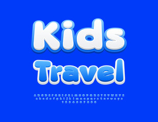 Fototapeta premium Vector advertising flyer Kids Travel. Cute Children Font. Creative Alphabet Letters and Numbers set.