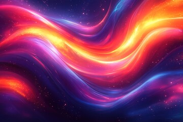 Obraz premium Abstract glowing wavy pattern with red, blue, and yellow hues and sparkly texture on dark background.