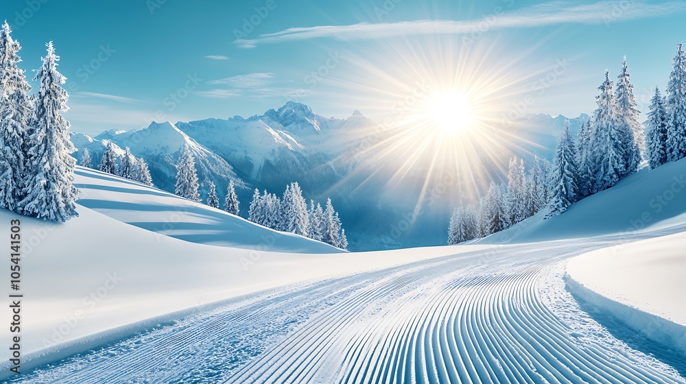 Poster idyllic snowy mountain landscape with bright sunlight and frosted trees : generative ai