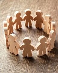 A circle of wooden figures symbolizes unity and collaboration, set against a wooden background.