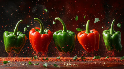 Falling bell peppers on a red background. Close-up of many falling bell peppers on a red background. AI generative
