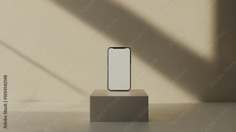 Fototapete a sleek smartphone stands on a simple pedestal in a well-lit space, casting soft shadows from nearby