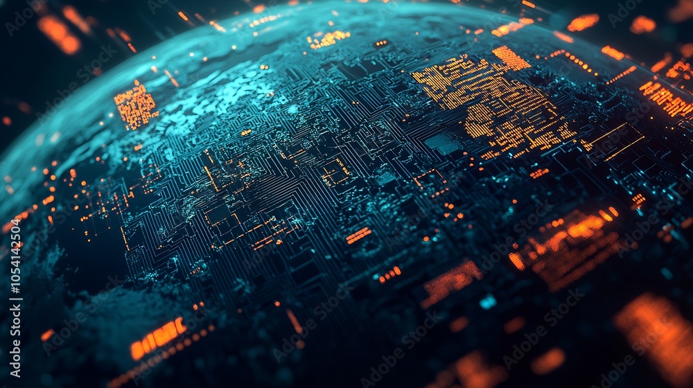 Poster Futuristic Global Circuit Design with Blue and Orange Digital Patterns : Generative AI