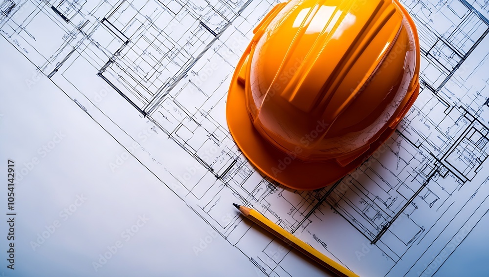 Poster Blueprints with Hard Hat and Pencil for Architectural Planning Construction Safety and Design : Generative AI