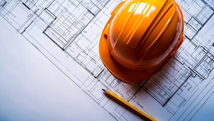 Blueprints with Hard Hat and Pencil for Architectural Planning Construction Safety and Design : Generative AI
