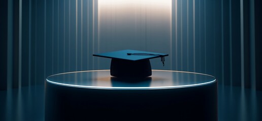 Graduation cap on a pedestal in a dark room with a spotlight.