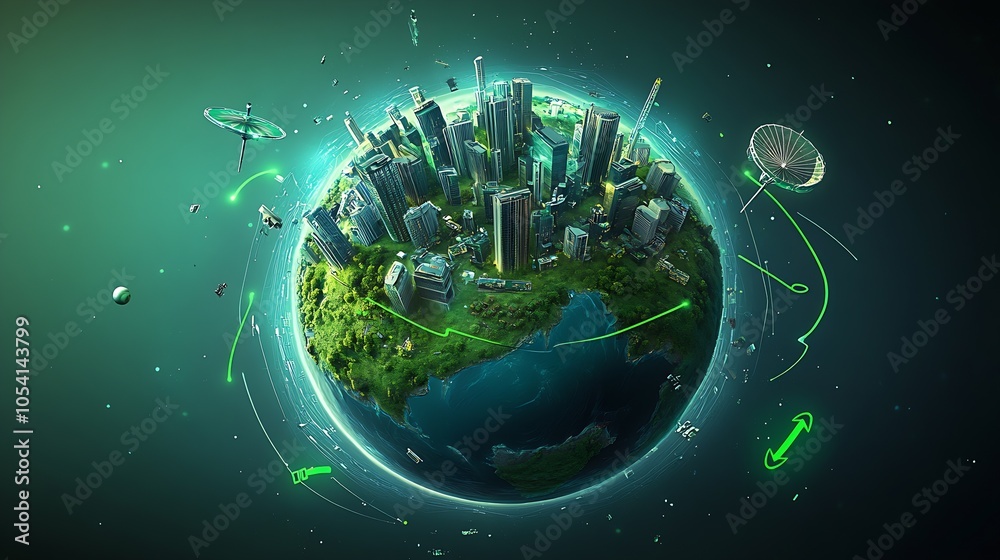 Aufkleber Futuristic Green City on a Floating Earth with Technology Elements : Generative AI