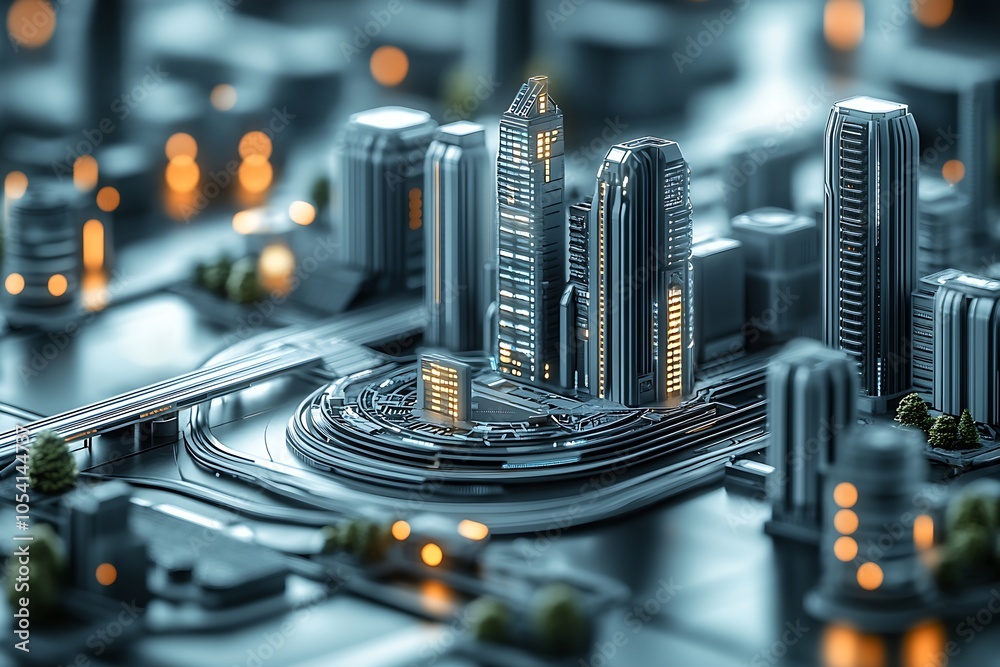 Poster innovative future city with illuminated skyscrapers and network design : generative ai