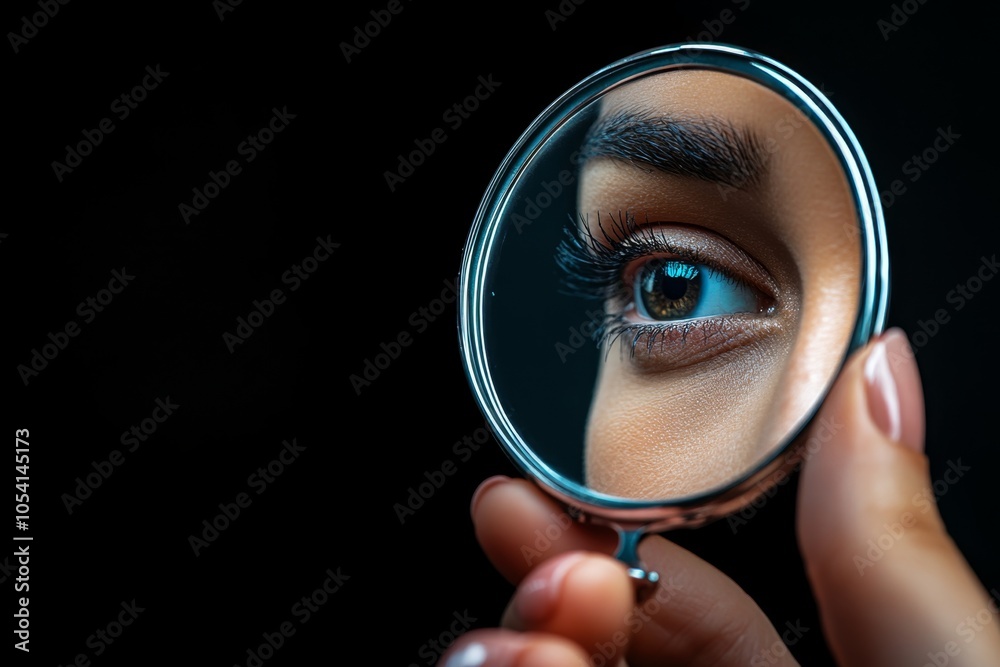 Poster A dark room where a person is holding a mirror that reflects only their face, with nothing behind them, emphasizing the solipsistic view of oneâ€™s own mind as the only truth, symbolizing isolation
