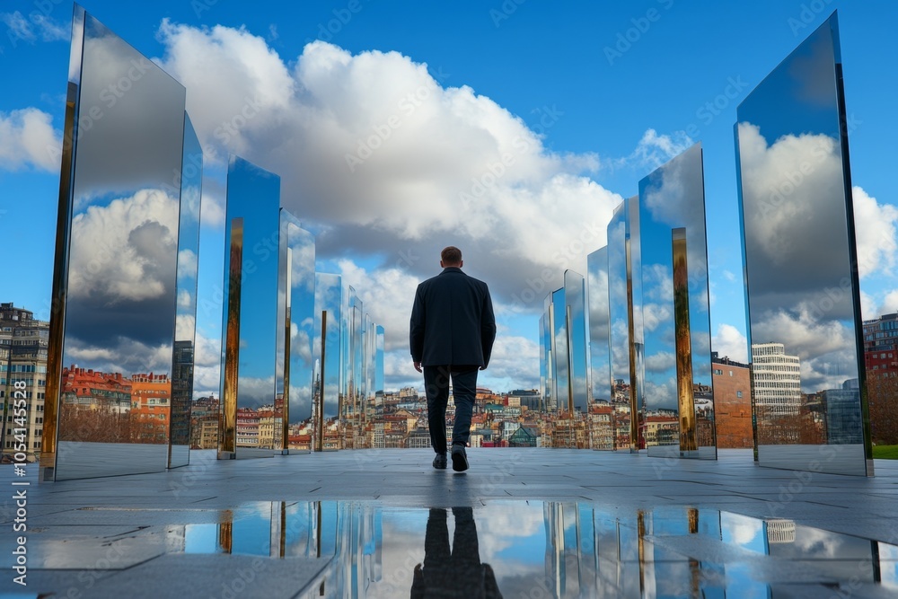 Poster A fantastical realm where a lone figure walks through an endless field of mirrors, each showing only their face, capturing the mystical solitude of solipsism, symbolizing wonder and introspection