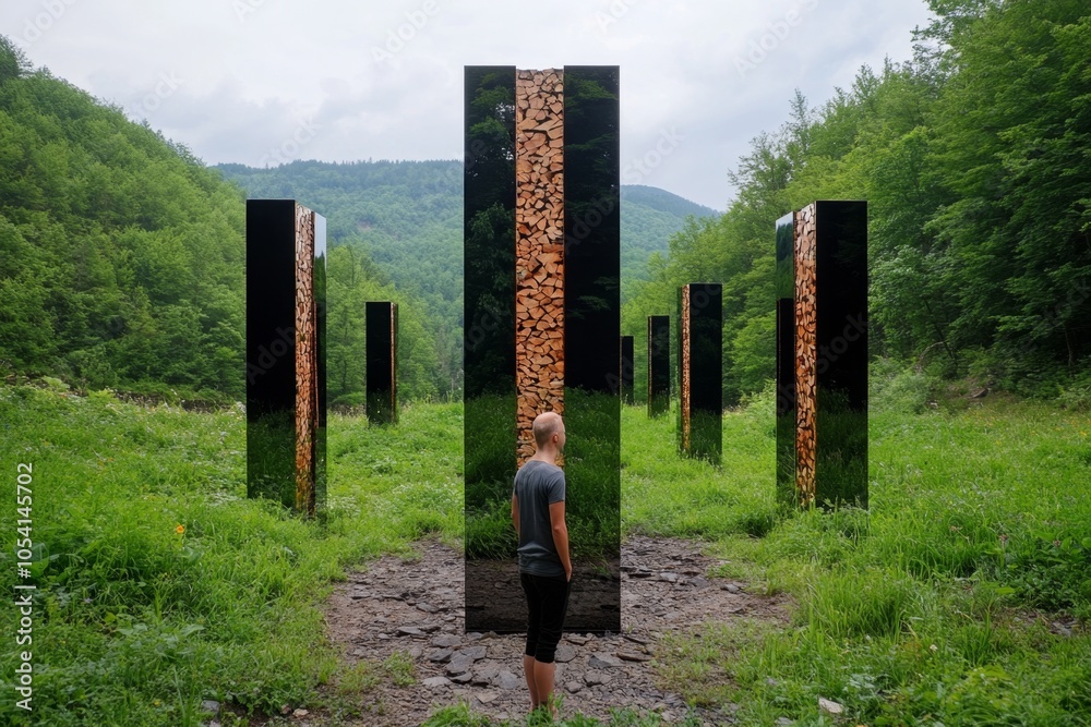 Aufkleber a figure standing in a dark, foggy forest surrounded by mirrors that only show their face, capturing