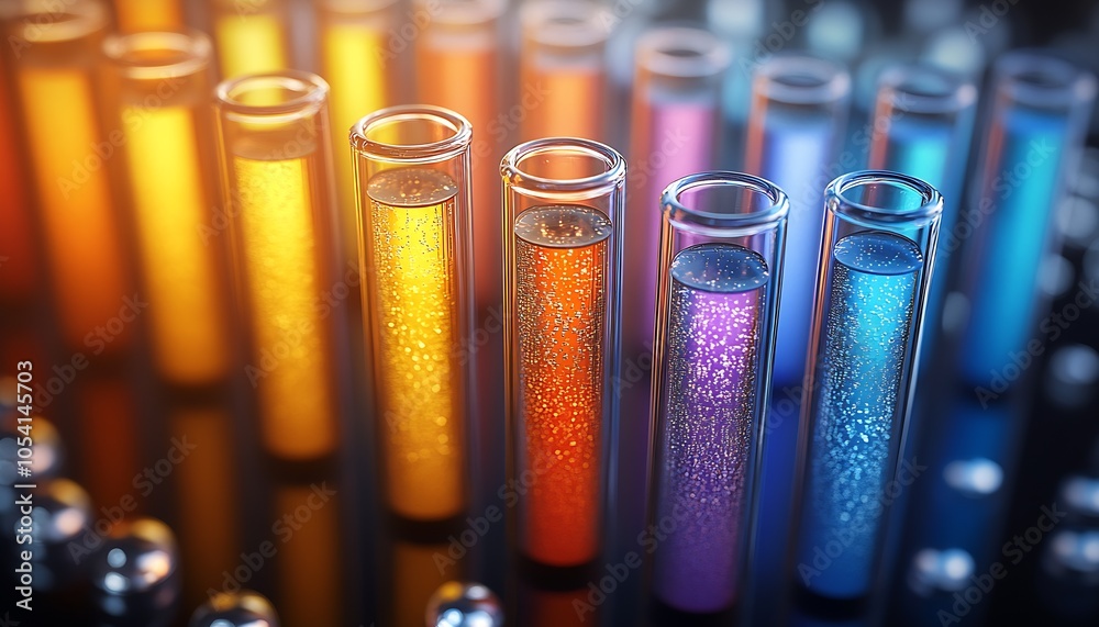 Poster Close-up of Test Tubes with Sparkling Liquids in Modern Laboratory : Generative AI