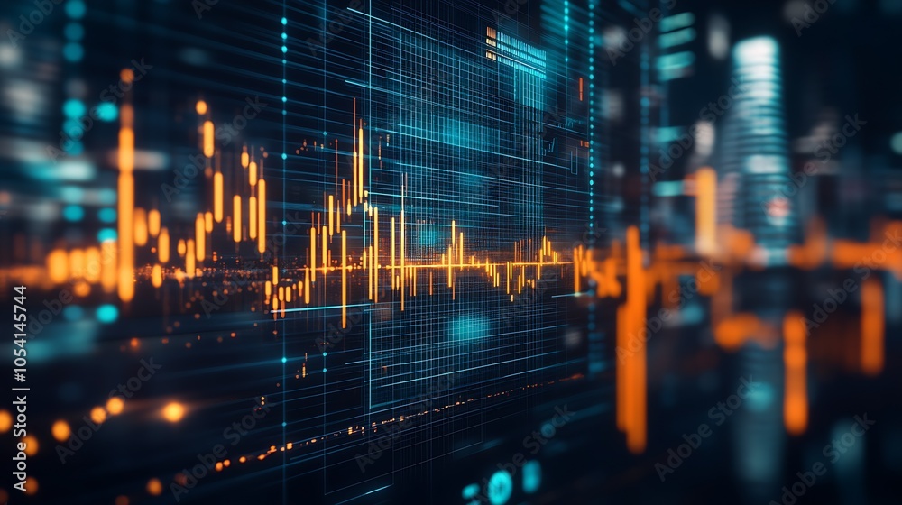 Poster Illuminated Digital Financial Market Chart with Dynamic Data Patterns in Nighttime Urban Setting : Generative AI
