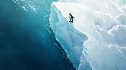 Naklejka premium A lone penguin stands on an iceberg in the vast blue ocean.