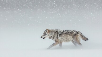 Obraz premium A lone wolf walks through a snowy field during a blizzard.