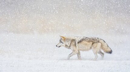 Fototapeta premium A lone wolf walks through a snowy field, with the falling snow creating a blurred background.