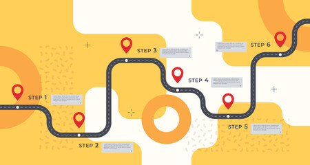 Infographic template with a road and markings on it. Concept of a business development path with key points at certain points. Vector illustration