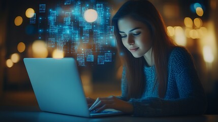Young Woman Using Laptop with Digital Media Interface and Futuristic Technology Overlays in Cozy Setting : Generative AI