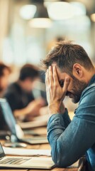 A man in an office setting appears stressed, resting his head in his hands while working on a laptop, showing fatigue and frustration.