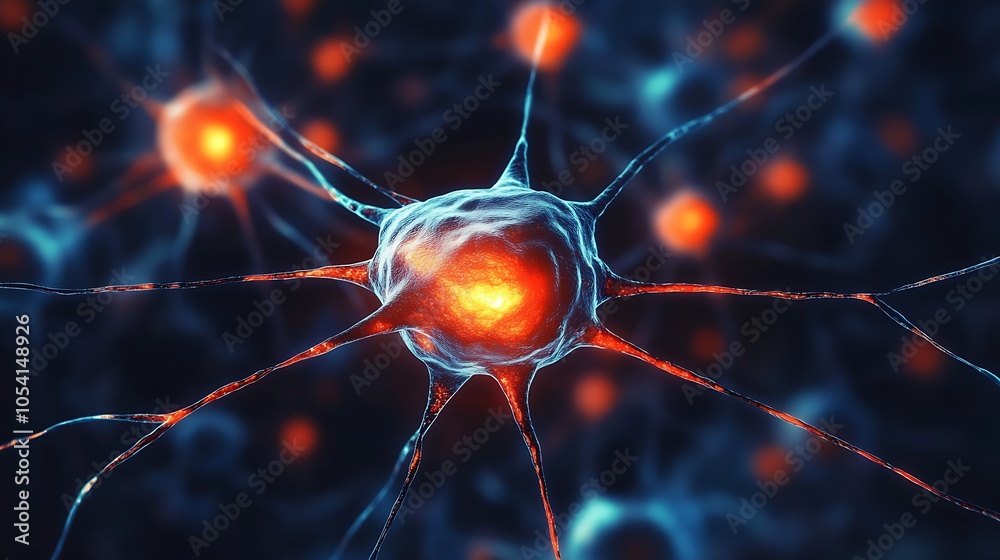 Poster colorful neurons network with glowing connections in dark background : generative ai