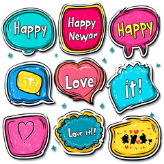 Colorful Speech Bubbles with Love Happy and Exclamation Marks Sticker Design Elements