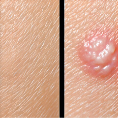 Fototapeta premium Healthy skin versus skin affected by basal cell carcinoma (BCC). smooth, even texture of healthy skin alongside raised, pearly lesion with visible blood vessels or central depression.
