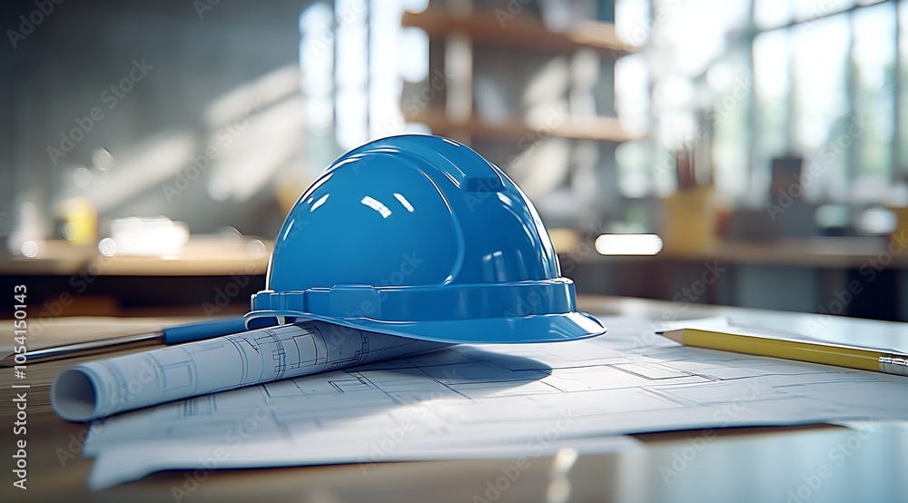 Poster blue construction helmet and architectural blueprints on wooden table in office environment : genera
