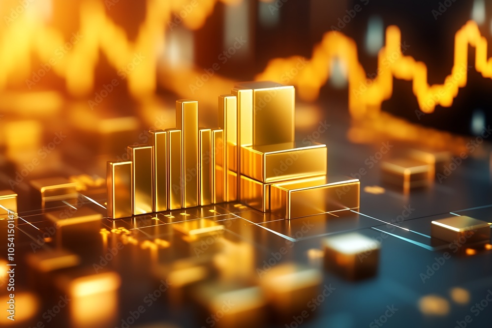 Poster Futuristic Financial Data Visualization with Golden Bar Graph and Stock Market Charts : Generative AI