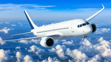 Obraz premium White pax private jet in flight against a blue sky with white clouds